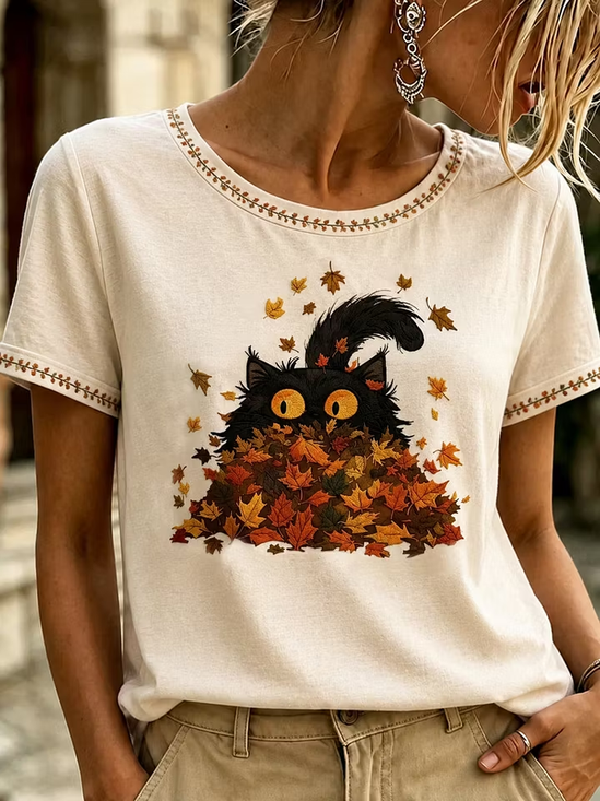 Casual Cat Crew Neck Short Sleeve T-shirt