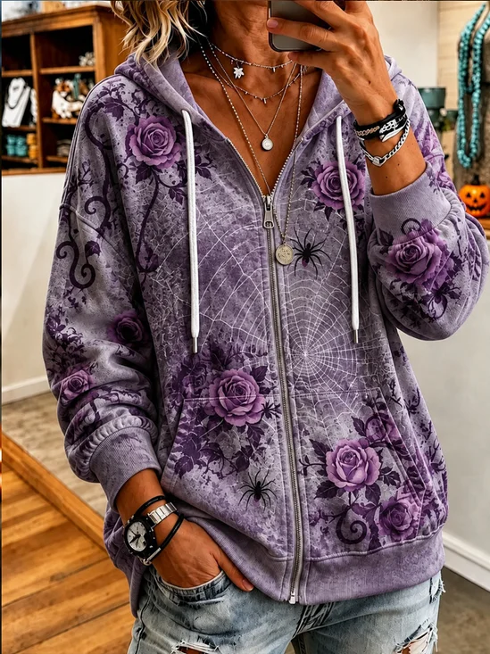 Women Spring/Fall Outerwear Casual Floral Long Sleeve Hoodie Jacket
