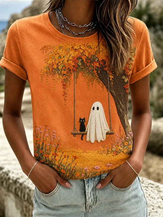 Casual Cat Crew Neck Short Sleeve T-shirt