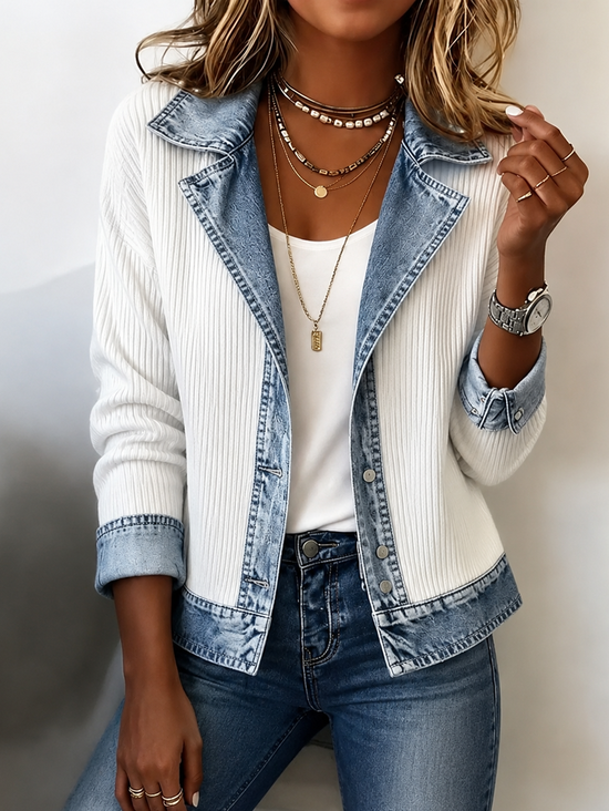 Women Spring/Fall Outerwear Vintage Split Joint Contrast Stitching Long Sleeve Lapel Collar Jacket