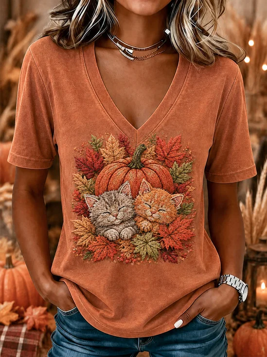 Vintage Cat V Neck Short Sleeve T-shirt