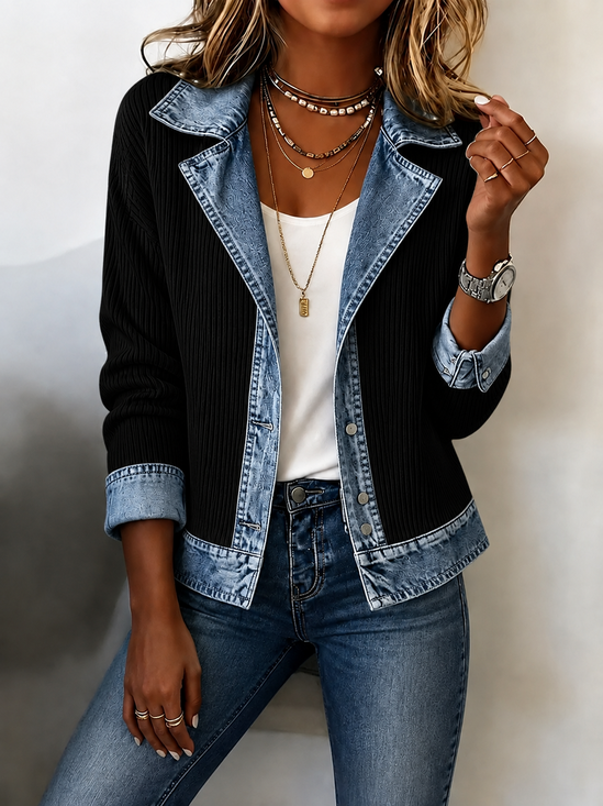 Women Spring/Fall Outerwear Vintage Split Joint Contrast Stitching Long Sleeve Lapel Collar Jacket