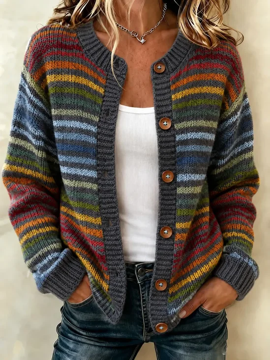 Women Striped Long Sleeve Comfy Vintage Printing Cardigan