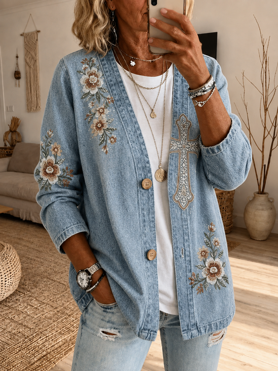 Women Spring/Fall Outerwear Casual Printing Floral Long Sleeve Jacket