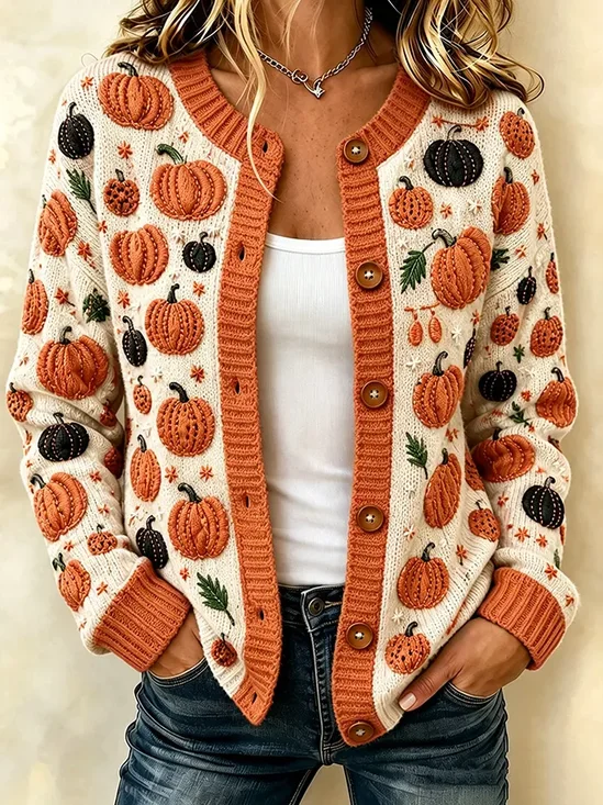 Women Halloween (pumpkin) Long Sleeve Comfy Vintage Printing Cardigan