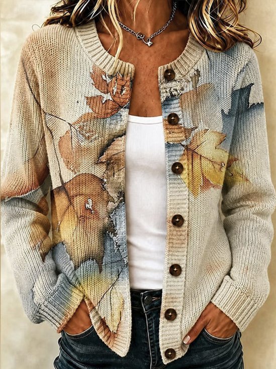 Women Maple Leaf Long Sleeve Comfy Casual Cardigan