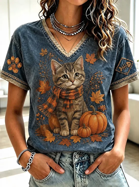 Vintage Cat Crew Neck Short Sleeve T-shirt