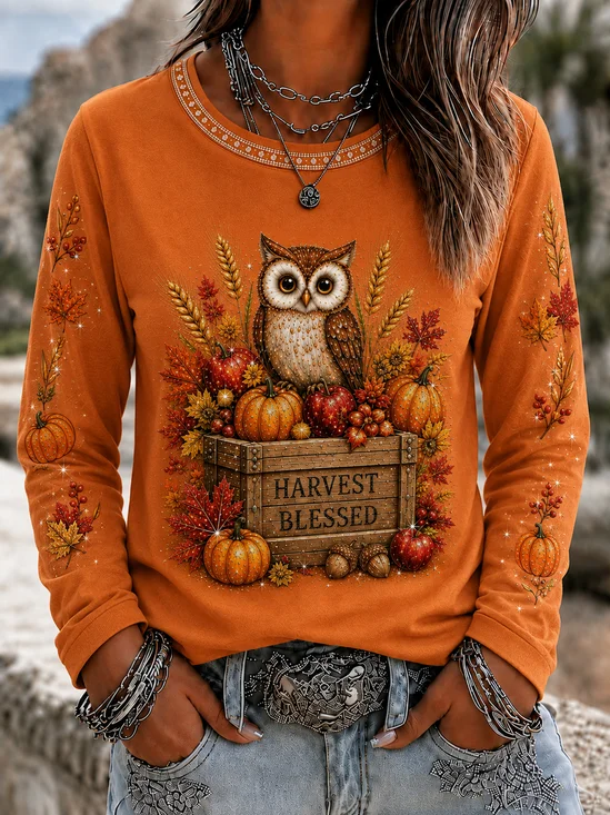 Casual Maple Leaf Crew Neck Long Sleeve T-shirt