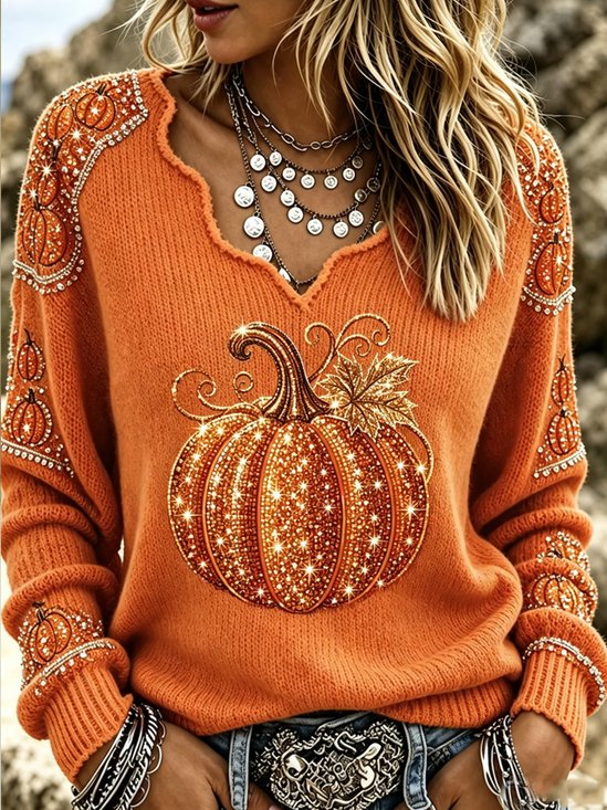 Vintage Pumpkin Pattern V Neck Long Sleeve T-shirt
