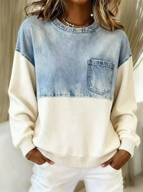 Casual Faux Denim Print Graphic Crew Neck Long Sleeve Sweatshirt