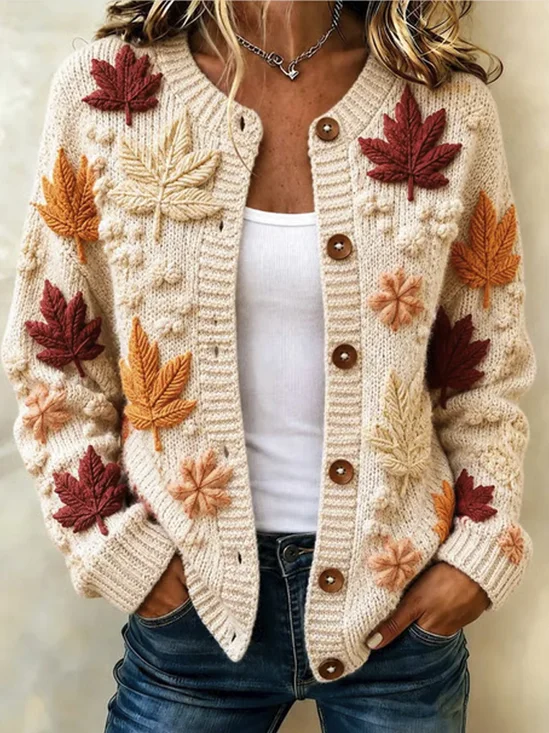 Women Maple Leaf Long Sleeve Comfy Casual Cardigan