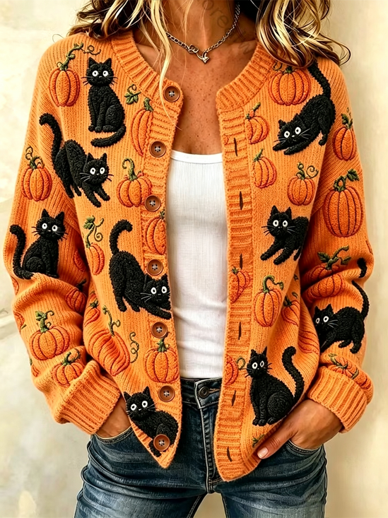 Women Cat Long Sleeve Comfy Vintage Printing Cardigan