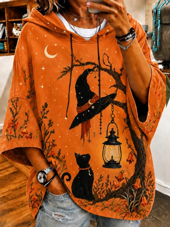 Casual Halloween Cat Printing Hoodie Half Sleeve Hoodie