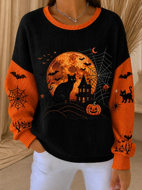 Halloween Cat Print Crew Neck Long Sleeve Sweatshirt