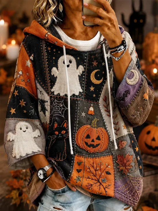 Casual Halloween Cute Ghost Print Hoodie Half Sleeve Hoodie