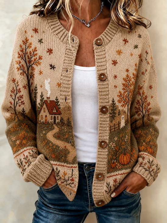 Women Maple Leaf Long Sleeve Comfy Casual Cardigan