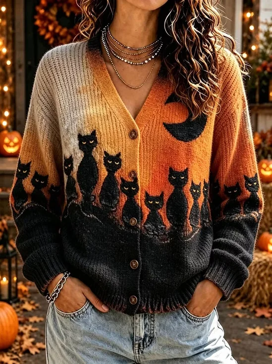 Women Cat Long Sleeve Comfy Casual Cardigan