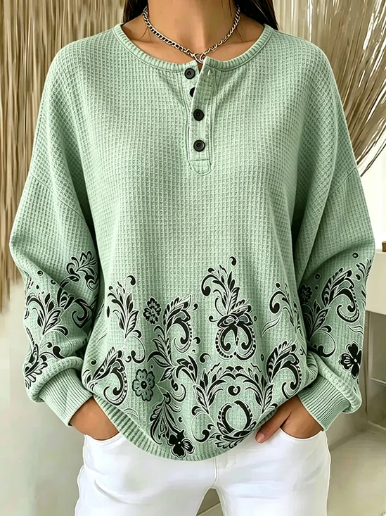 Vintage Floral Henley Collar Long Sleeve Sweatshirt