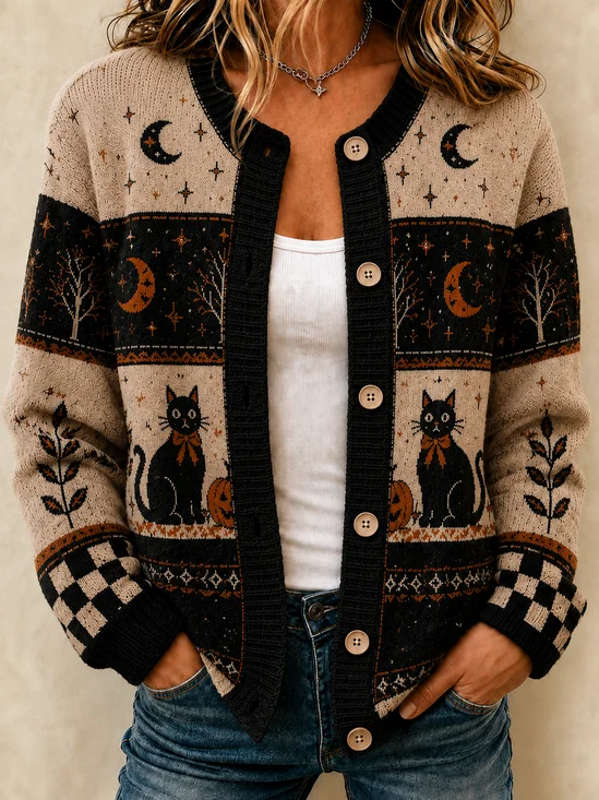 Women Color Block Long Sleeve Comfy Vintage Cardigan