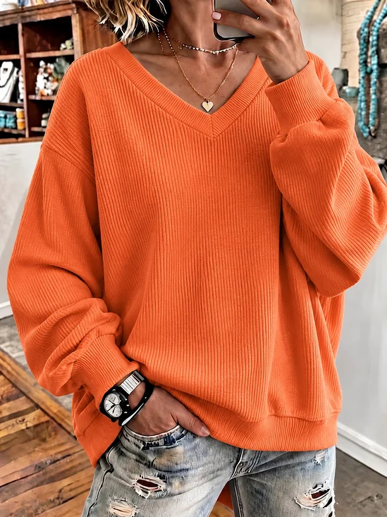 Casual Plain V Neck Long Sleeve Sweatshirt