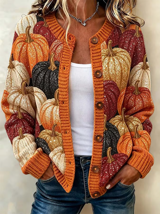 Women Halloween (pumpkin) Long Sleeve Comfy Vintage Printing Cardigan