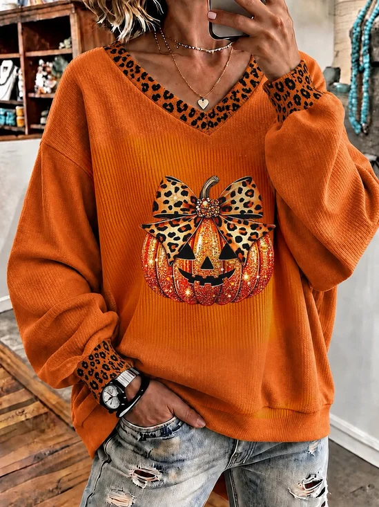 Casual Leopard V Neck Long Sleeve Sweatshirt
