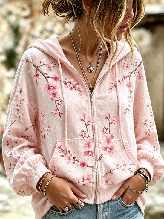 Women Spring/Fall Outerwear Casual Printing Floral Long Sleeve Hoodie Jacket