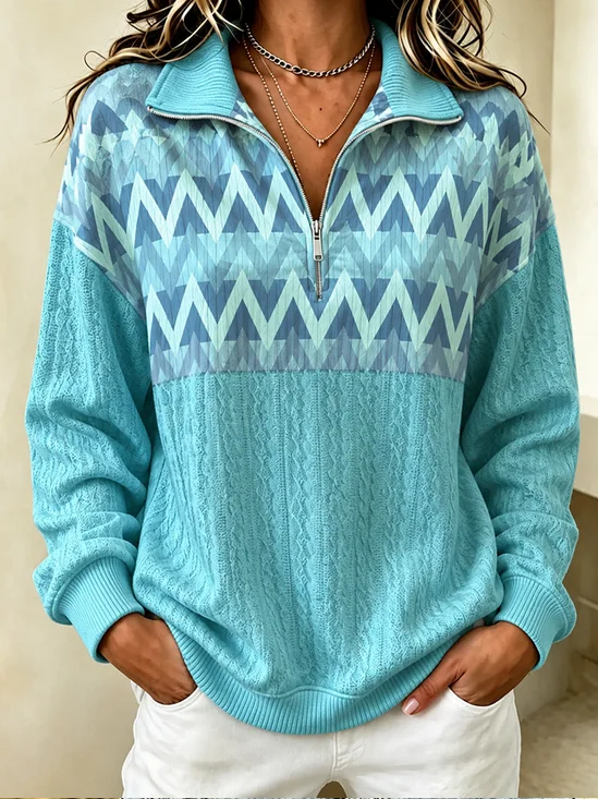 Casual Geometric Half Open Collar Long Sleeve Sweatshirt