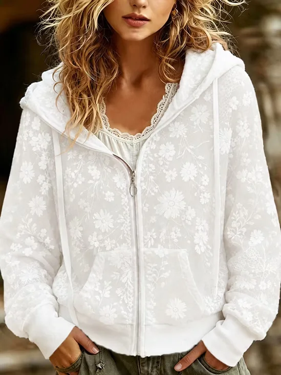Women Spring/Fall Outerwear Casual Printing Floral Long Sleeve Hoodie Jacket