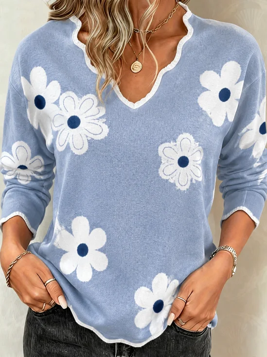 Casual Floral V Neck Long Sleeve T-shirt