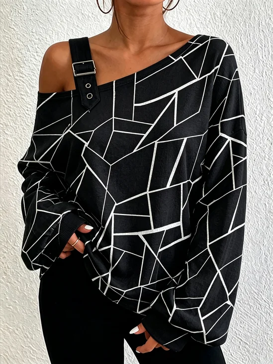 Casual Geometric One Shoulder Long Sleeve Sweatshirt