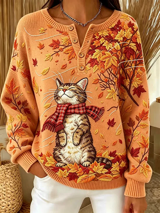 Casual Cat Crew Neck Long Sleeve Sweatshirt