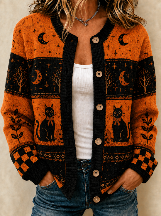Women Color Block Long Sleeve Comfy Vintage Cardigan