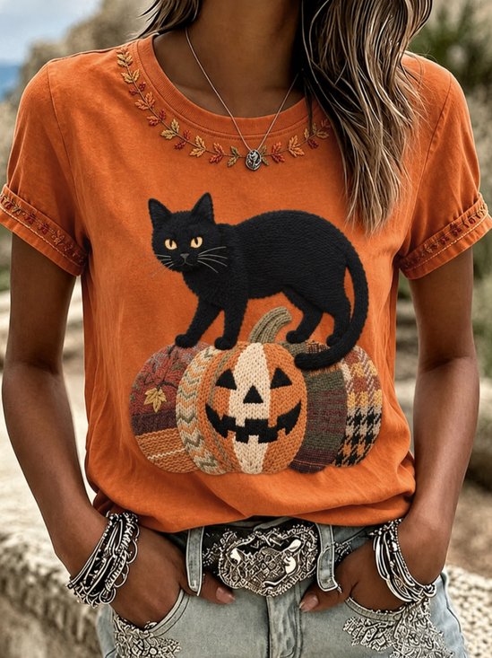 Casual Cat Crew Neck Short Sleeve T-shirt