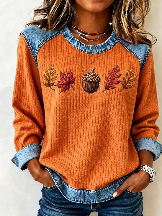 Casual Maple Leaf Crew Neck Long Sleeve Sweatshirt