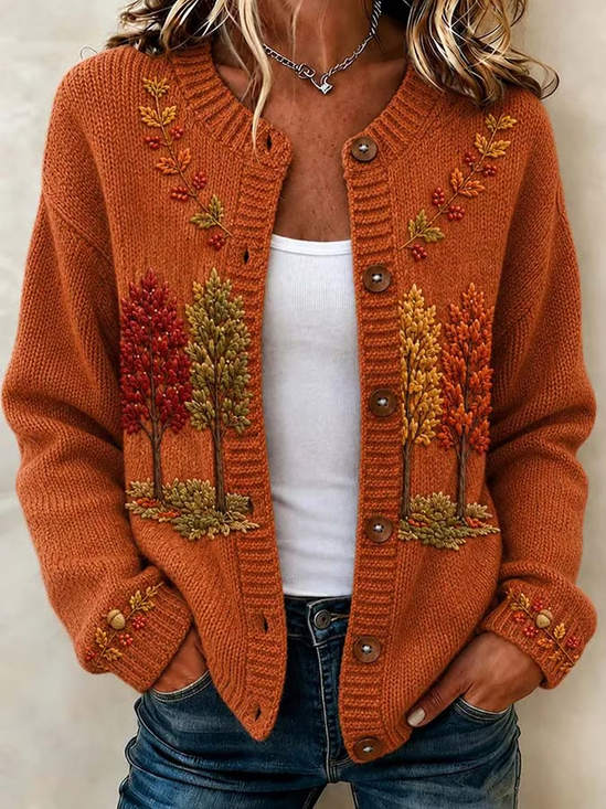 Women Maple Leaf Long Sleeve Comfy Vintage Printing Cardigan