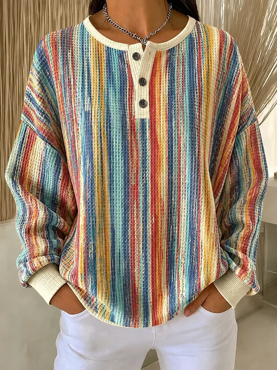 Vintage Abstract Stripes Henley Collar Long Sleeve Sweatshirt