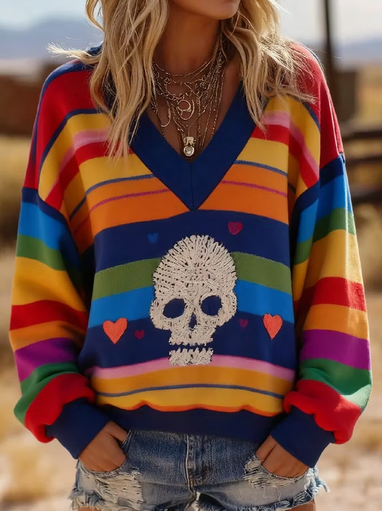 Casual Striped V Neck Long Sleeve Sweatshirt