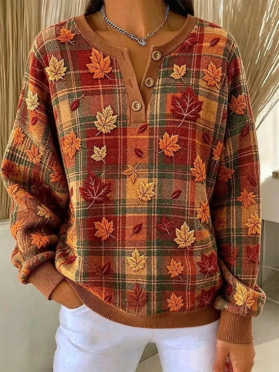 Vintage Geometric Henley Collar Long Sleeve Sweatshirt