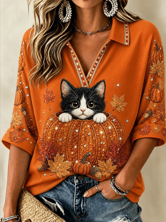 Vintage Cat Shawl Collar Half Sleeve T-shirt