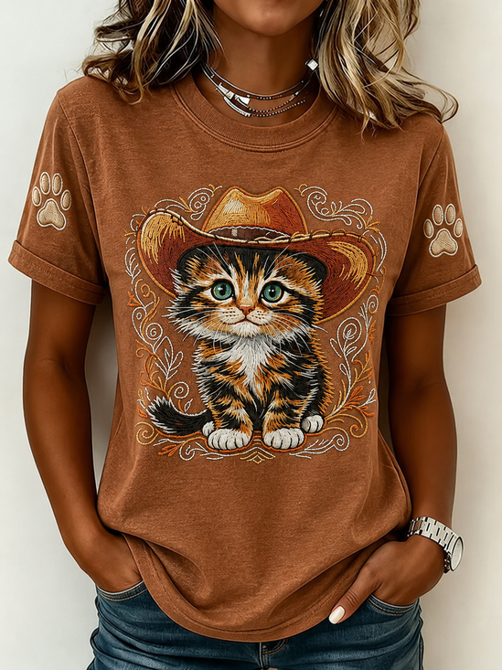 Casual Cat Crew Neck Short Sleeve T-shirt