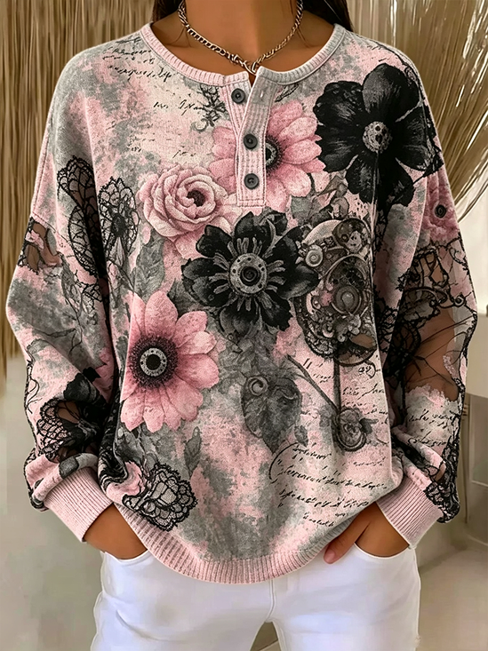 Casual Floral Crew Neck Long Sleeve Sweatshirt