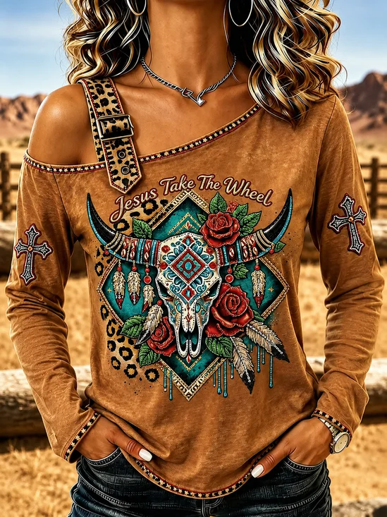Vintage Text Letters One Shoulder Long Sleeve Sweatshirt
