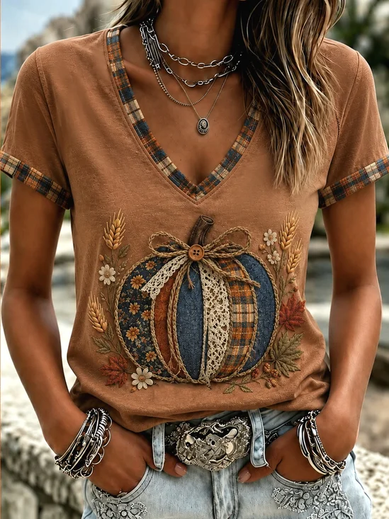Vintage Plaid V Neck Short Sleeve T-shirt