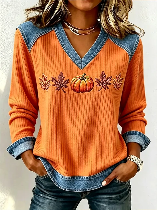 Vintage Maple Leaf V Neck Long Sleeve Sweatshirt