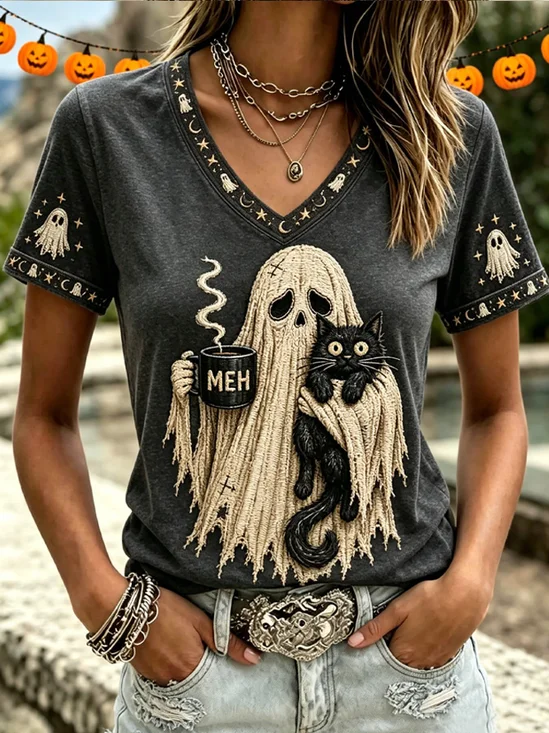 Casual Cat Crew Neck Short Sleeve T-shirt