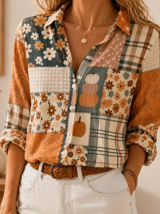 Women Geometric Vintage Shirt Shirt Collar Long Sleeve Printing Top