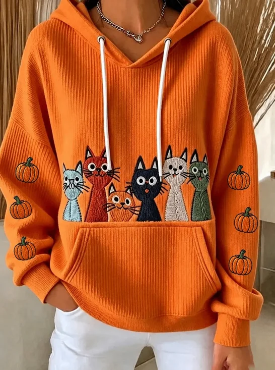 Vintage Cat Hooded Long Sleeve Hoodie