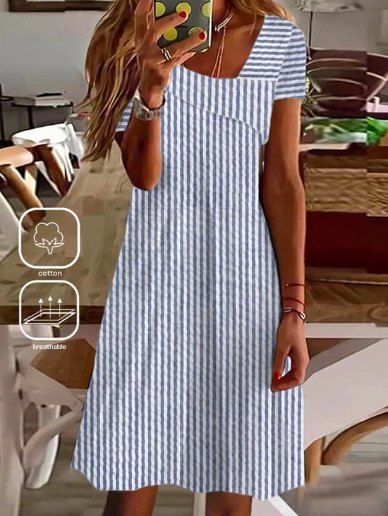 Women Striped Summer Dress Asymmetrical Collar Short Sleeve H-Line Dress