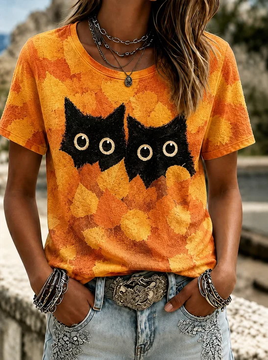 Casual Cat Crew Neck Short Sleeve T-shirt
